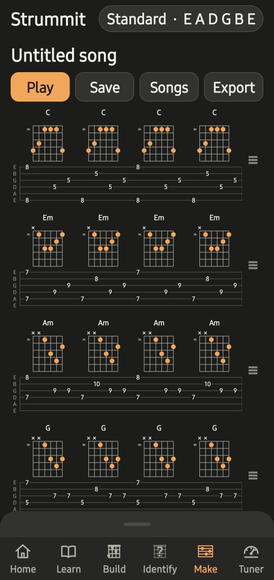 A song on the board with chord boxes and tab